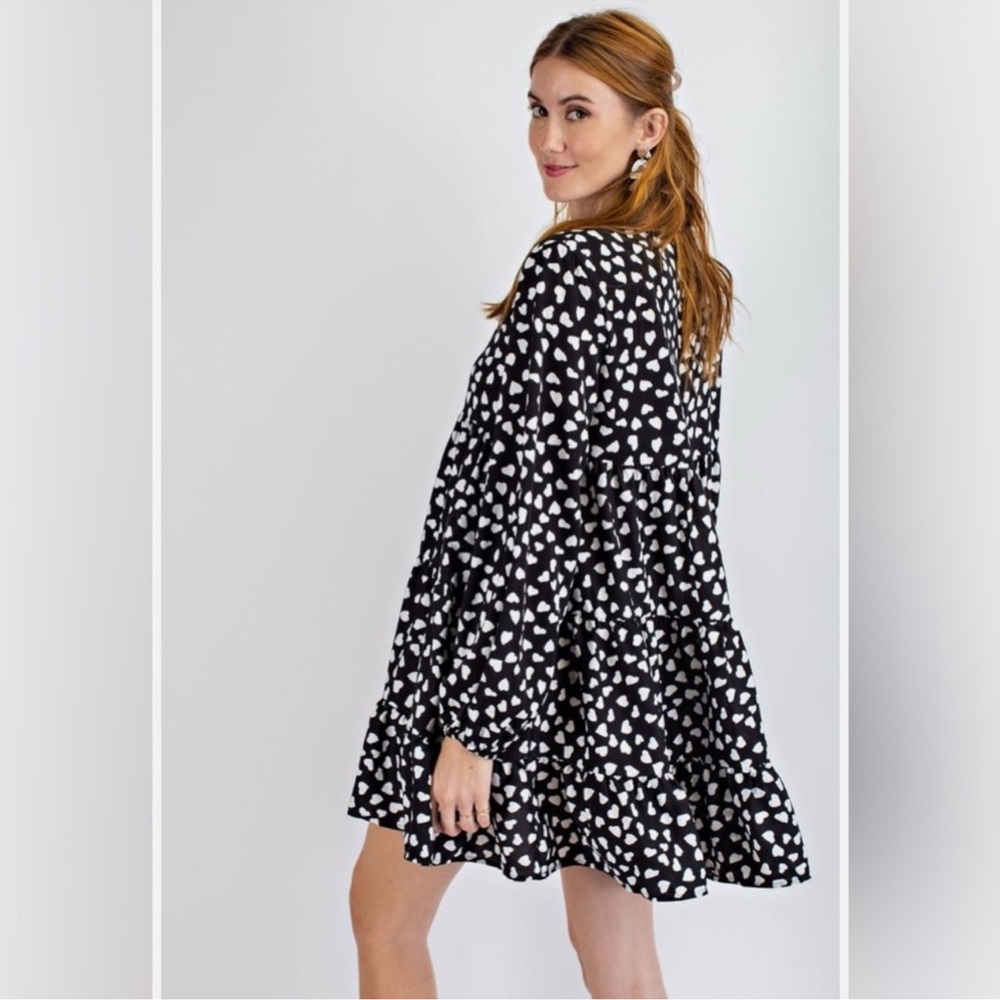 EASEL BLACK HEART PRINT Tiered Ruffle Button DRESS/TUNIC size L - Picture 7 of 7